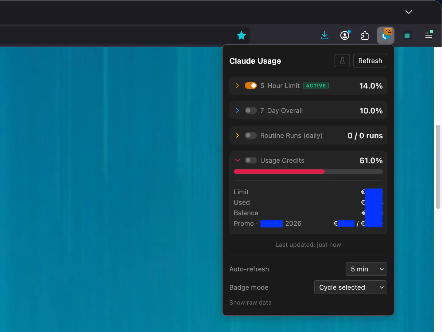 Firefox: claude-usage-monitor screenshot 1