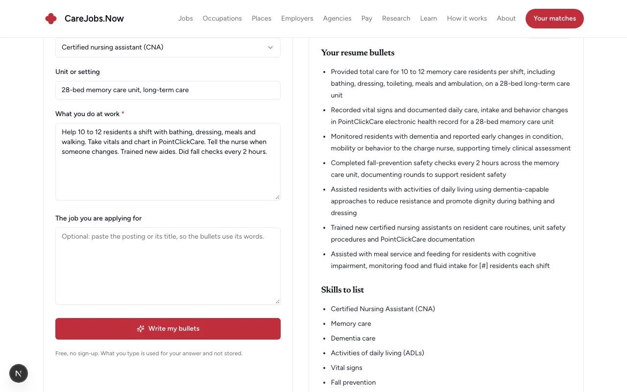 CareJobs Resume Bullet Writer screenshot 1